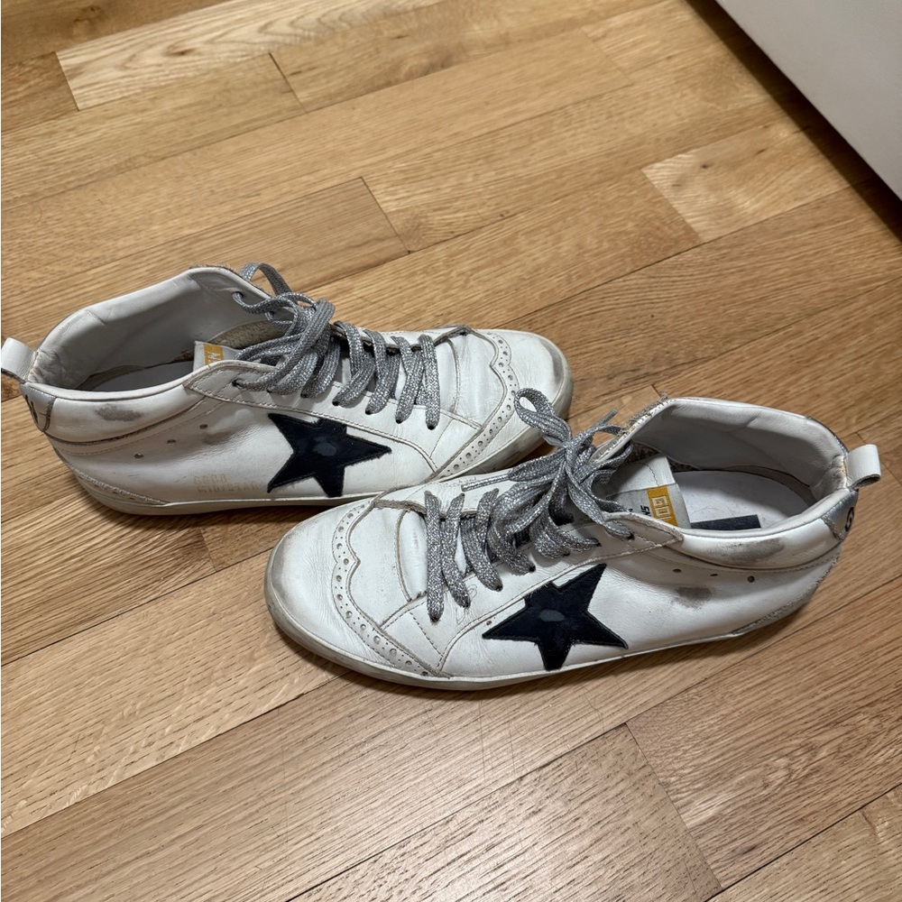 Golden Goose White and Navy Mid Top Sneakers